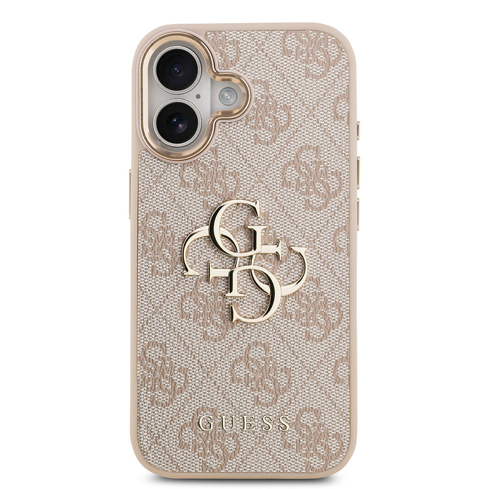 Apple iPhone 17 Kılıf Guess Gold Metal Kamera Çerçeveli Büyük 4G ve Yazı Logolu Kapak Pembe