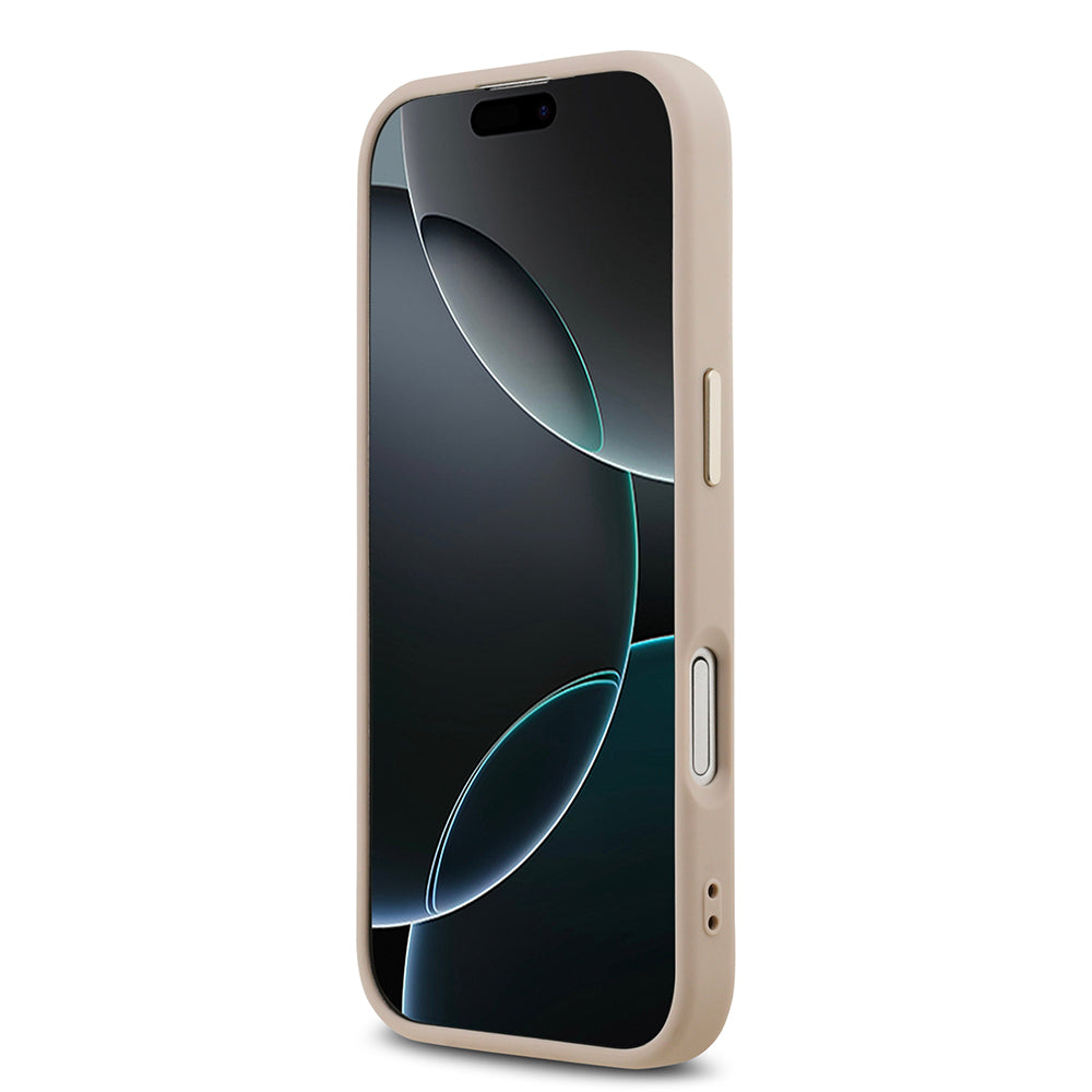 Apple iPhone 17 Kılıf Guess Gold Metal Kamera Çerçeveli Büyük 4G ve Yazı Logolu Kapak Pembe