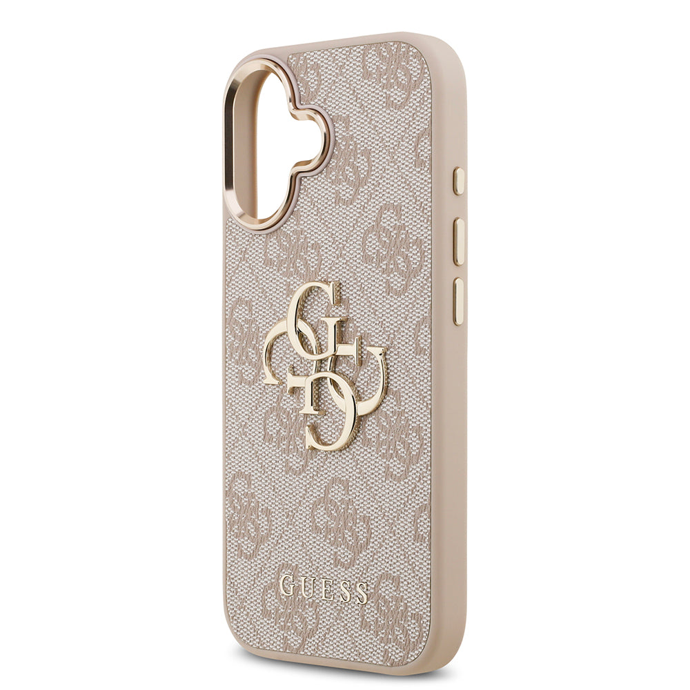 Apple iPhone 17 Kılıf Guess Gold Metal Kamera Çerçeveli Büyük 4G ve Yazı Logolu Kapak Pembe