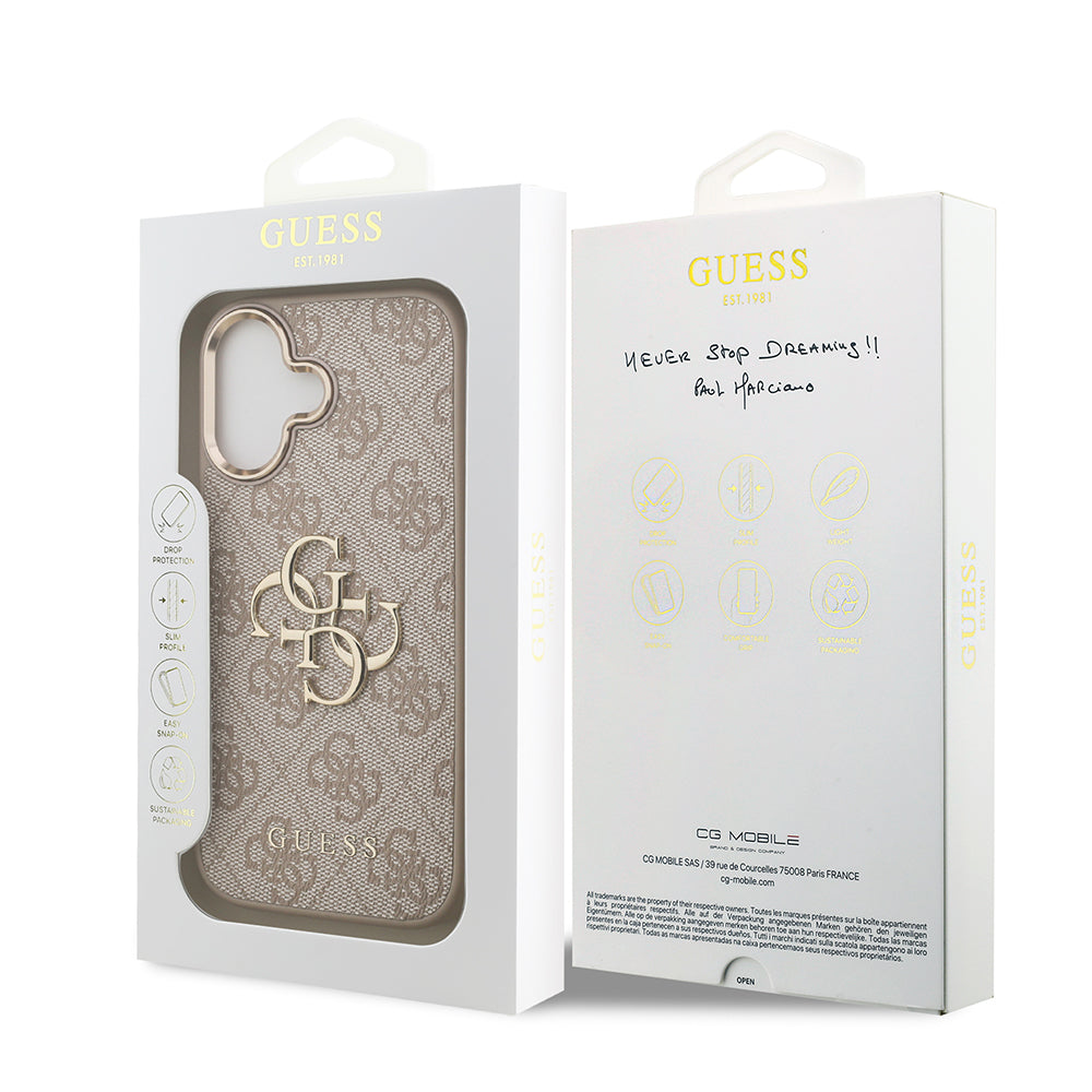 Apple iPhone 17 Kılıf Guess Gold Metal Kamera Çerçeveli Büyük 4G ve Yazı Logolu Kapak Pembe