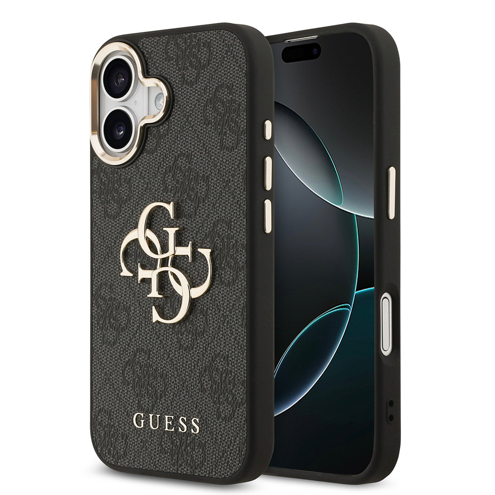 Apple iPhone 17 Kılıf Guess Gold Metal Kamera Çerçeveli Büyük 4G ve Yazı Logolu Kapak Siyah