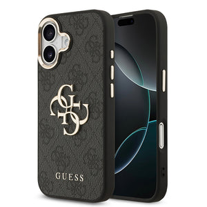 Apple iPhone 17 Kılıf Guess Gold Metal Kamera Çerçeveli Büyük 4G ve Yazı Logolu Kapak Siyah