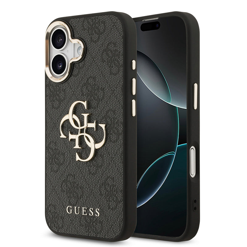 Apple iPhone 17 Kılıf Guess Gold Metal Kamera Çerçeveli Büyük 4G ve Yazı Logolu Kapak Siyah