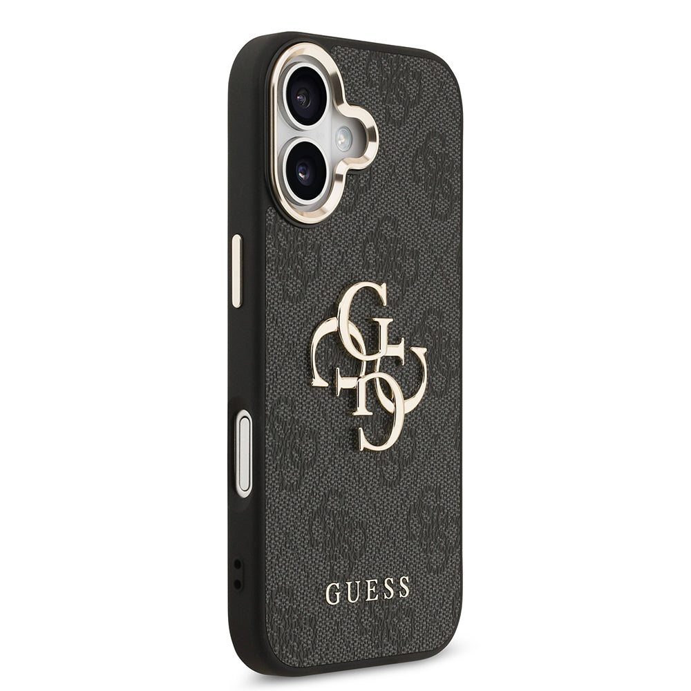 Apple iPhone 17 Kılıf Guess Gold Metal Kamera Çerçeveli Büyük 4G ve Yazı Logolu Kapak Siyah