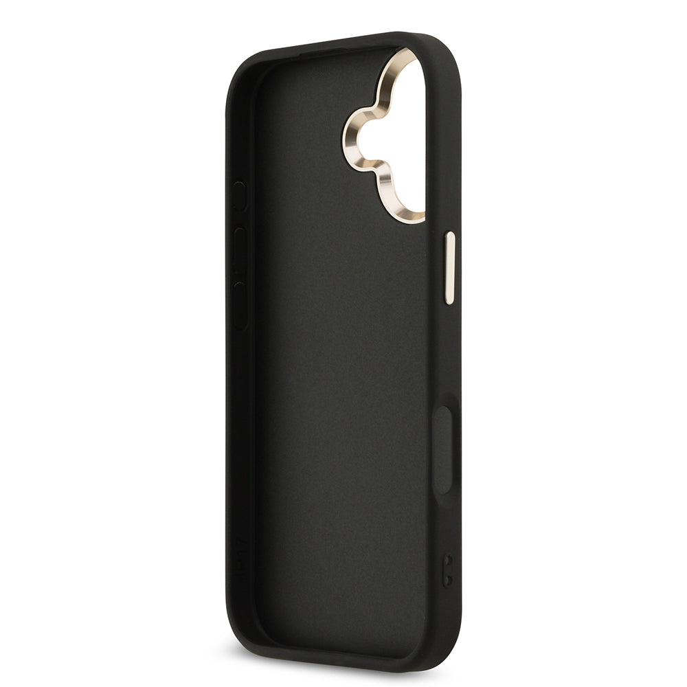 Apple iPhone 17 Kılıf Guess Gold Metal Kamera Çerçeveli Büyük 4G ve Yazı Logolu Kapak Siyah