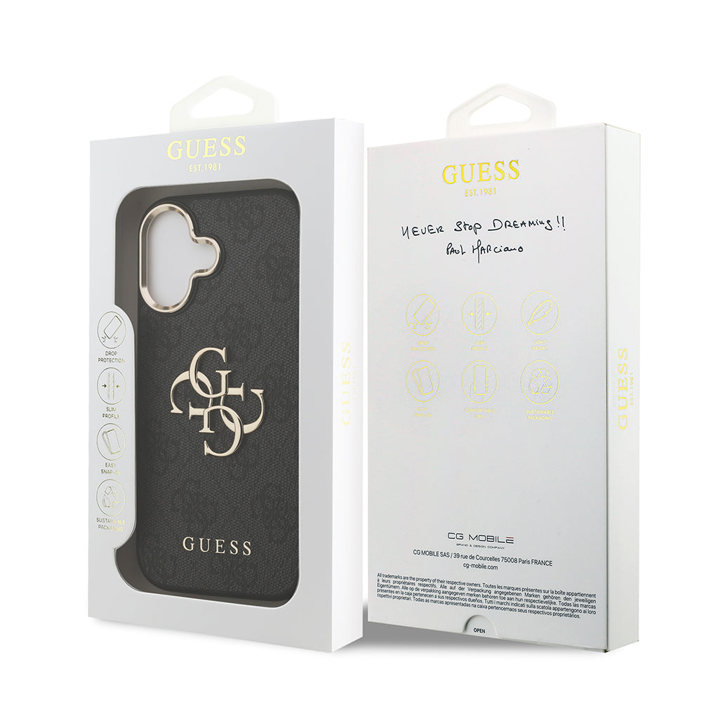 Apple iPhone 17 Kılıf Guess Gold Metal Kamera Çerçeveli Büyük 4G ve Yazı Logolu Kapak Siyah