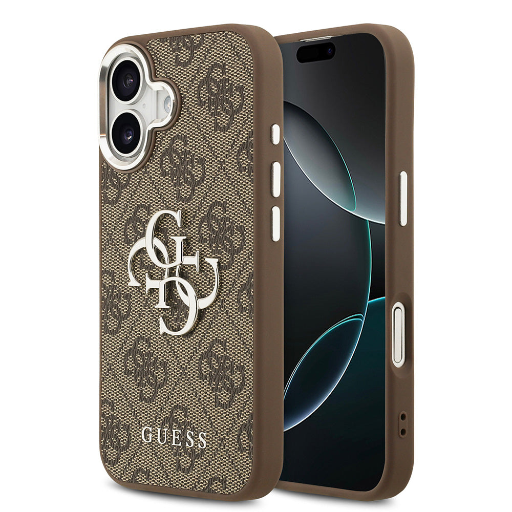Apple iPhone 17 Kılıf Guess Gümüş Metal Kamera Çerçeveli Büyük 4G ve Yazı Logolu Kapak Kahverengi