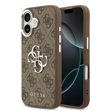 Apple iPhone 17 Kılıf Guess Gümüş Metal Kamera Çerçeveli Büyük 4G ve Yazı Logolu Kapak Kahverengi