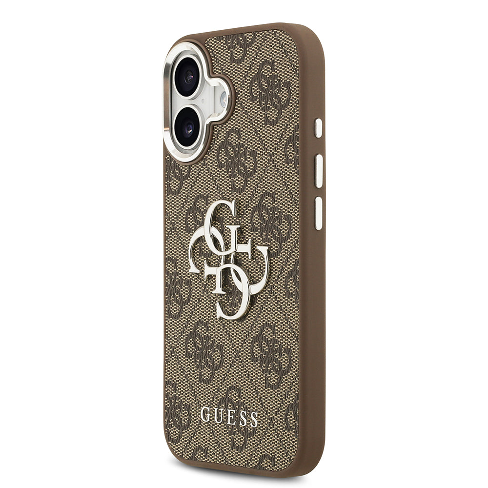 Apple iPhone 17 Kılıf Guess Gümüş Metal Kamera Çerçeveli Büyük 4G ve Yazı Logolu Kapak Kahverengi