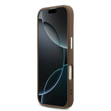 Apple iPhone 17 Kılıf Guess Gümüş Metal Kamera Çerçeveli Büyük 4G ve Yazı Logolu Kapak Kahverengi