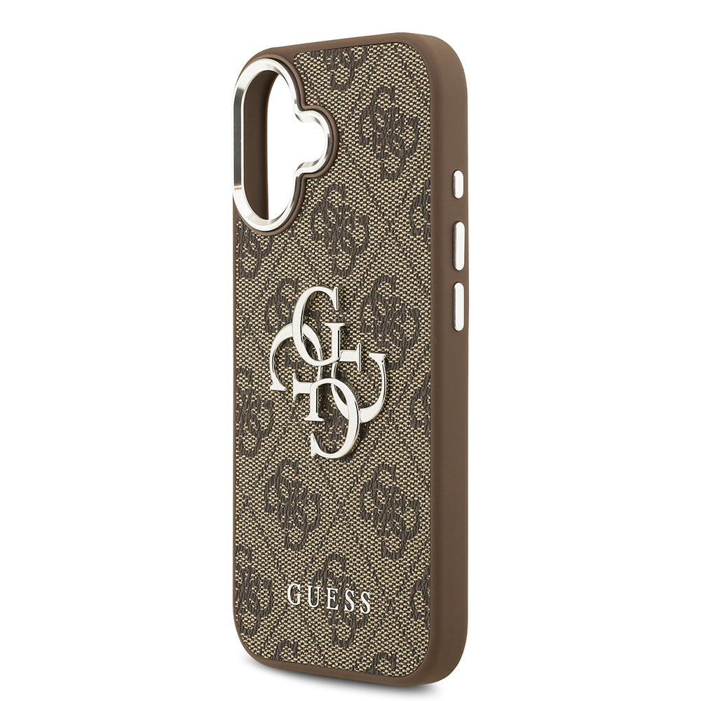 Apple iPhone 17 Kılıf Guess Gümüş Metal Kamera Çerçeveli Büyük 4G ve Yazı Logolu Kapak Kahverengi