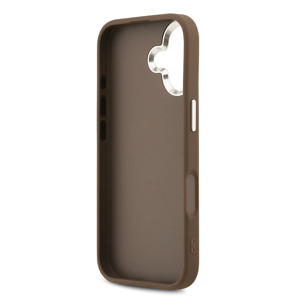 Apple iPhone 17 Kılıf Guess Gümüş Metal Kamera Çerçeveli Büyük 4G ve Yazı Logolu Kapak Kahverengi