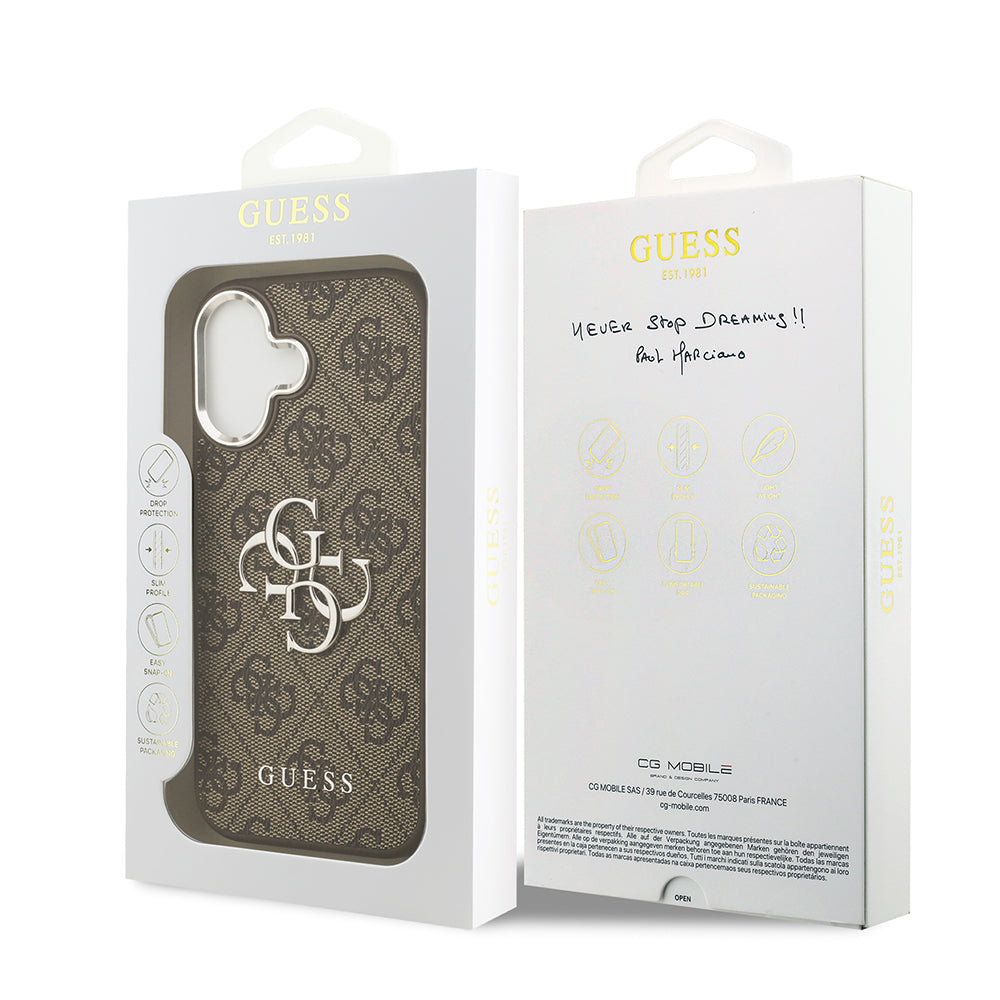 Apple iPhone 17 Kılıf Guess Gümüş Metal Kamera Çerçeveli Büyük 4G ve Yazı Logolu Kapak Kahverengi