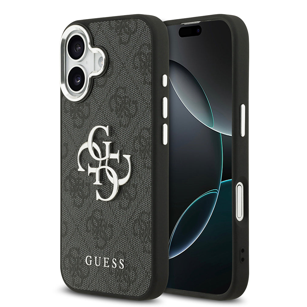 Apple iPhone 17 Kılıf Guess Gümüş Metal Kamera Çerçeveli Büyük 4G ve Yazı Logolu Kapak Siyah