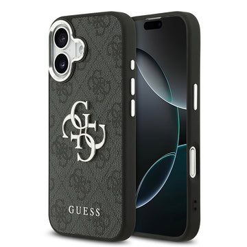 Apple iPhone 17 Kılıf Guess Gümüş Metal Kamera Çerçeveli Büyük 4G ve Yazı Logolu Kapak Siyah