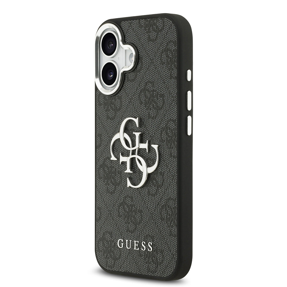 Apple iPhone 17 Kılıf Guess Gümüş Metal Kamera Çerçeveli Büyük 4G ve Yazı Logolu Kapak Siyah