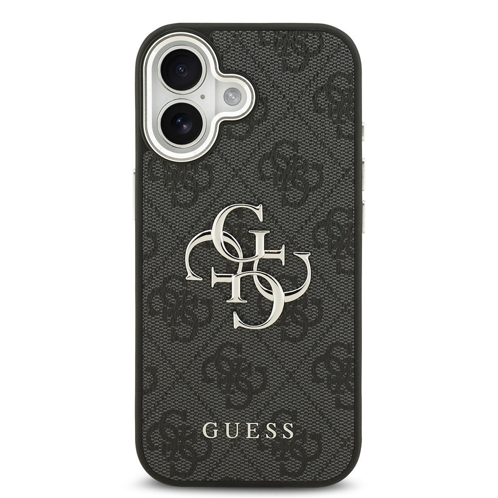 Apple iPhone 17 Kılıf Guess Gümüş Metal Kamera Çerçeveli Büyük 4G ve Yazı Logolu Kapak Siyah