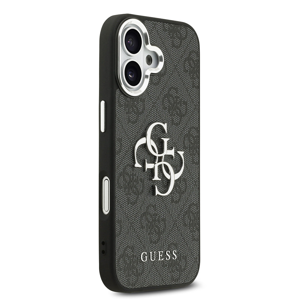 Apple iPhone 17 Kılıf Guess Gümüş Metal Kamera Çerçeveli Büyük 4G ve Yazı Logolu Kapak Siyah