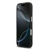 Apple iPhone 17 Kılıf Guess Gümüş Metal Kamera Çerçeveli Büyük 4G ve Yazı Logolu Kapak Siyah