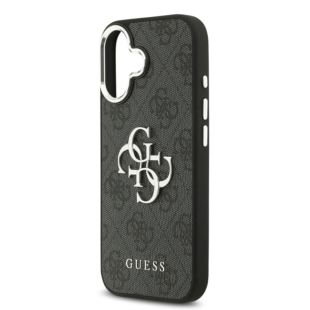 Apple iPhone 17 Kılıf Guess Gümüş Metal Kamera Çerçeveli Büyük 4G ve Yazı Logolu Kapak Siyah
