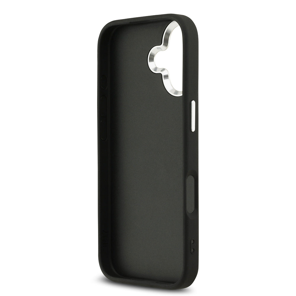 Apple iPhone 17 Kılıf Guess Gümüş Metal Kamera Çerçeveli Büyük 4G ve Yazı Logolu Kapak Siyah