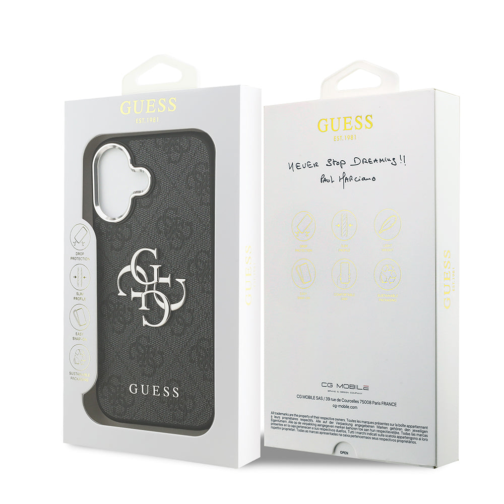 Apple iPhone 17 Kılıf Guess Gümüş Metal Kamera Çerçeveli Büyük 4G ve Yazı Logolu Kapak Siyah