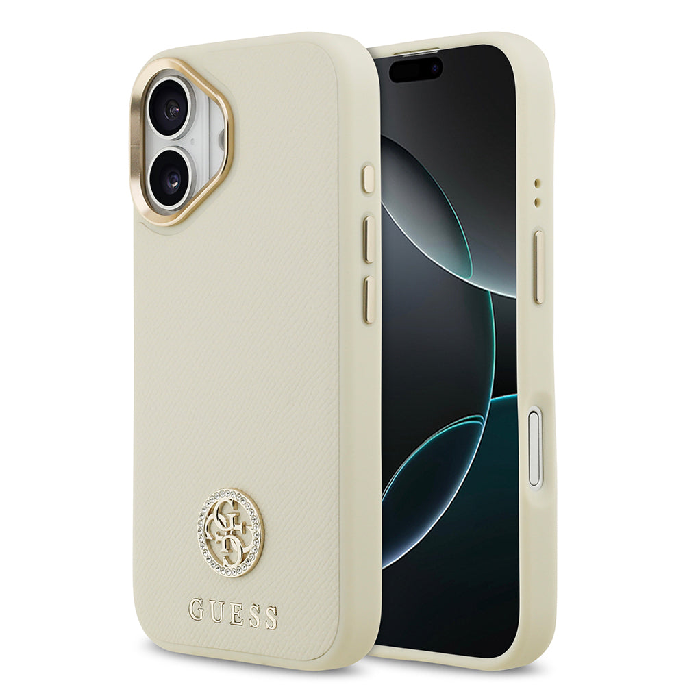 Apple iPhone 17 Kılıf Guess M-safe Özellikli Grained Yazı ve Taşlı 4G Logolu Kapak Bej