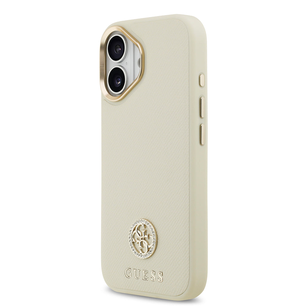 Apple iPhone 17 Kılıf Guess M-safe Özellikli Grained Yazı ve Taşlı 4G Logolu Kapak Bej