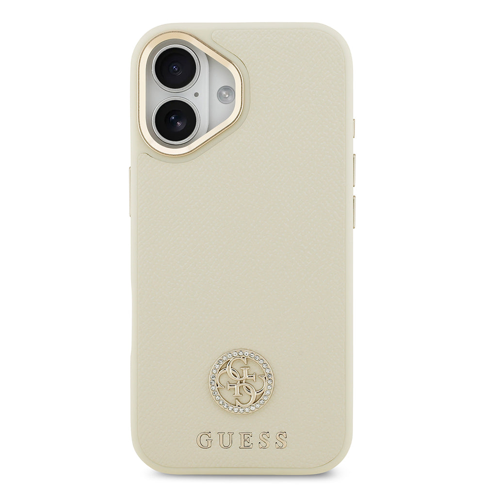 Apple iPhone 17 Kılıf Guess M-safe Özellikli Grained Yazı ve Taşlı 4G Logolu Kapak Bej