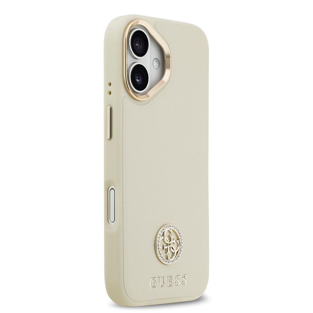 Apple iPhone 17 Kılıf Guess M-safe Özellikli Grained Yazı ve Taşlı 4G Logolu Kapak Bej