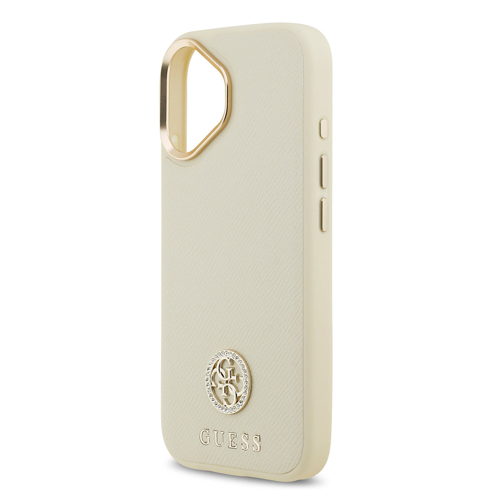 Apple iPhone 17 Kılıf Guess M-safe Özellikli Grained Yazı ve Taşlı 4G Logolu Kapak Bej