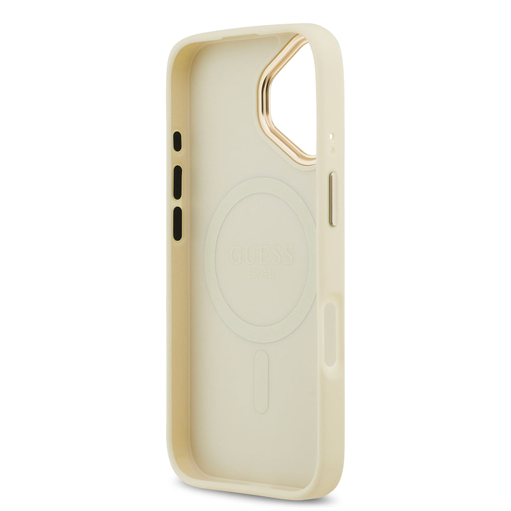 Apple iPhone 17 Kılıf Guess M-safe Özellikli Grained Yazı ve Taşlı 4G Logolu Kapak Bej