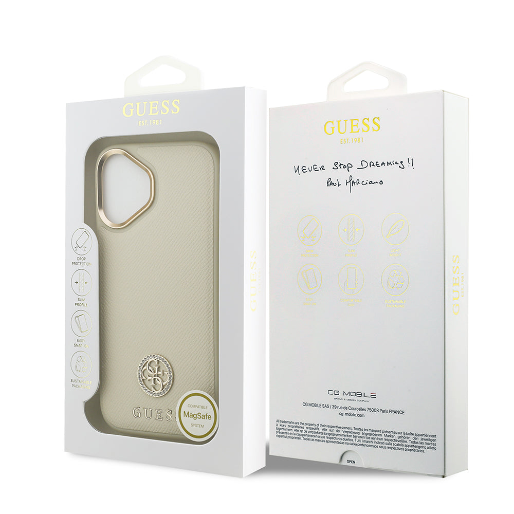 Apple iPhone 17 Kılıf Guess M-safe Özellikli Grained Yazı ve Taşlı 4G Logolu Kapak Bej