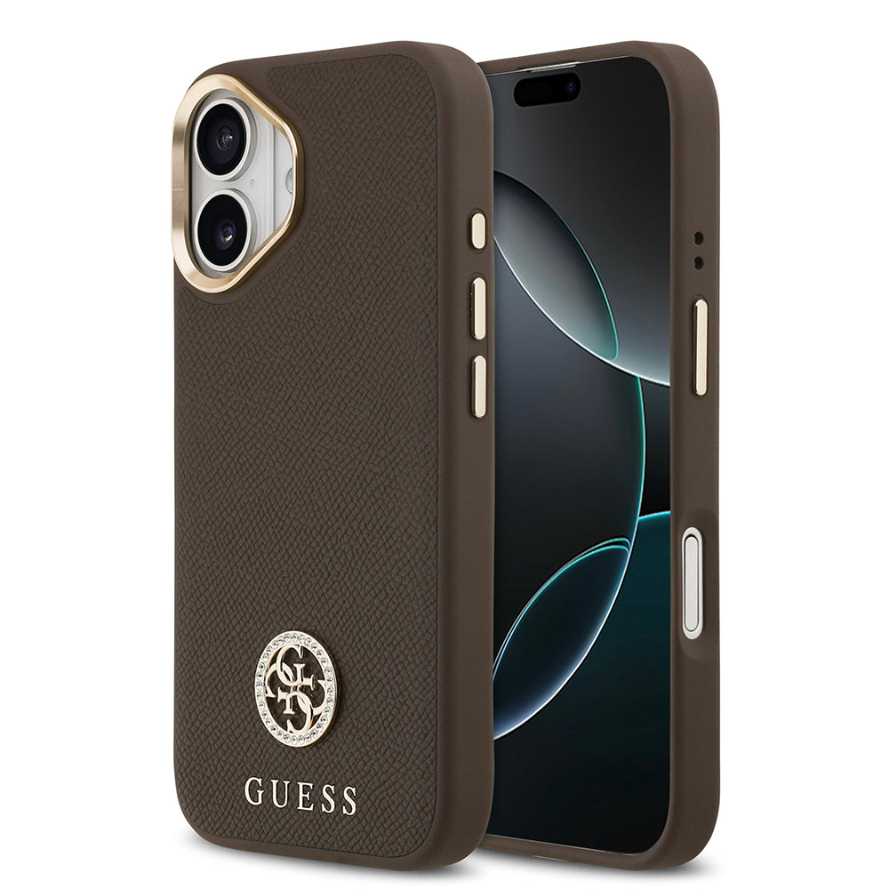Apple iPhone 17 Kılıf Guess M-safe Özellikli Grained Yazı ve Taşlı 4G Logolu Kapak Kahverengi