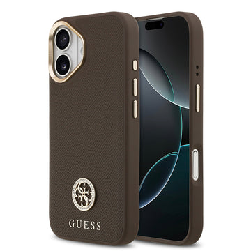 Apple iPhone 17 Kılıf Guess M-safe Özellikli Grained Yazı ve Taşlı 4G Logolu Kapak Kahverengi
