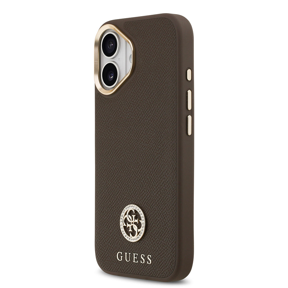 Apple iPhone 17 Kılıf Guess M-safe Özellikli Grained Yazı ve Taşlı 4G Logolu Kapak Kahverengi