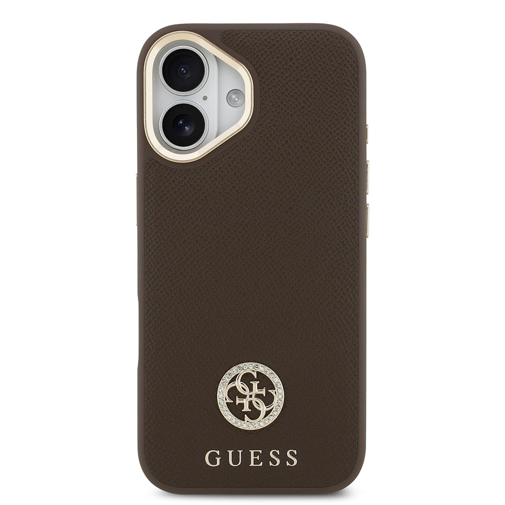 Apple iPhone 17 Kılıf Guess M-safe Özellikli Grained Yazı ve Taşlı 4G Logolu Kapak Kahverengi