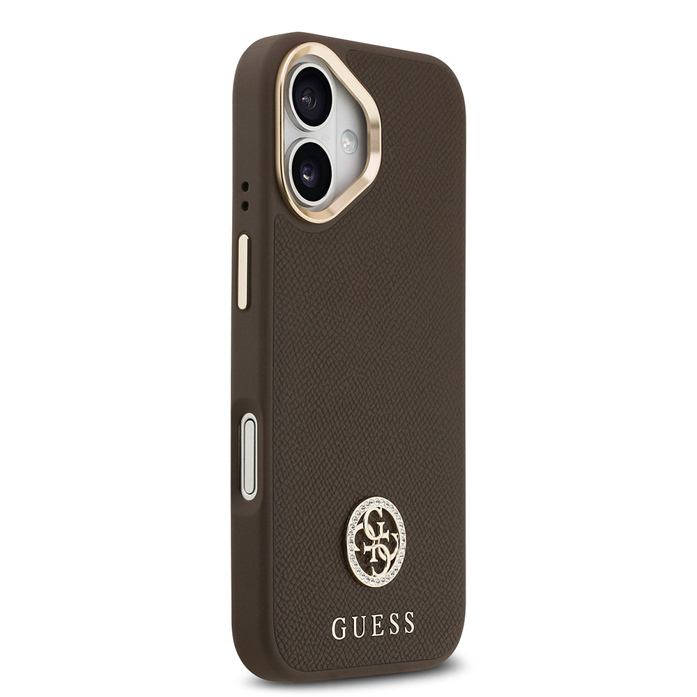 Apple iPhone 17 Kılıf Guess M-safe Özellikli Grained Yazı ve Taşlı 4G Logolu Kapak Kahverengi