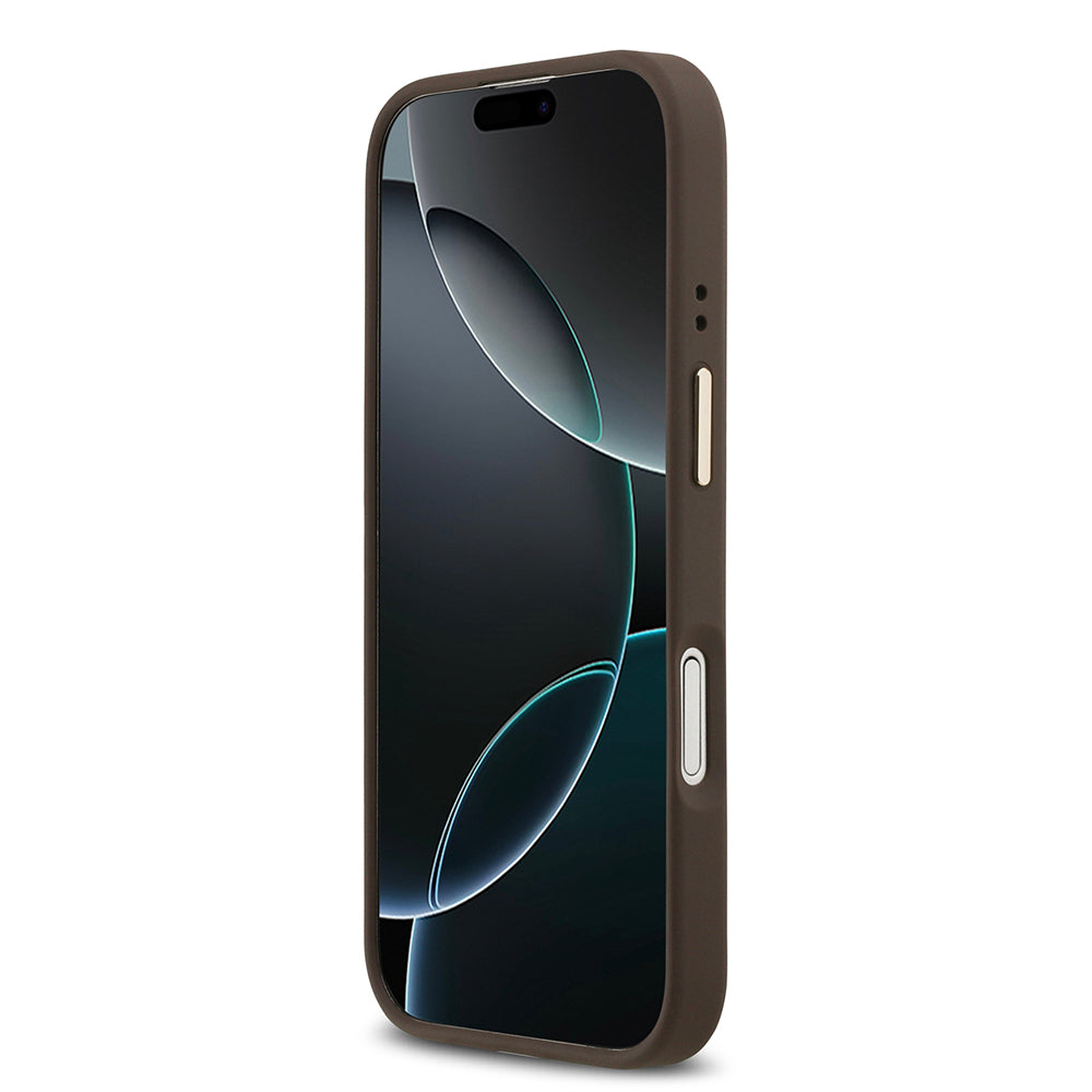 Apple iPhone 17 Kılıf Guess M-safe Özellikli Grained Yazı ve Taşlı 4G Logolu Kapak Kahverengi