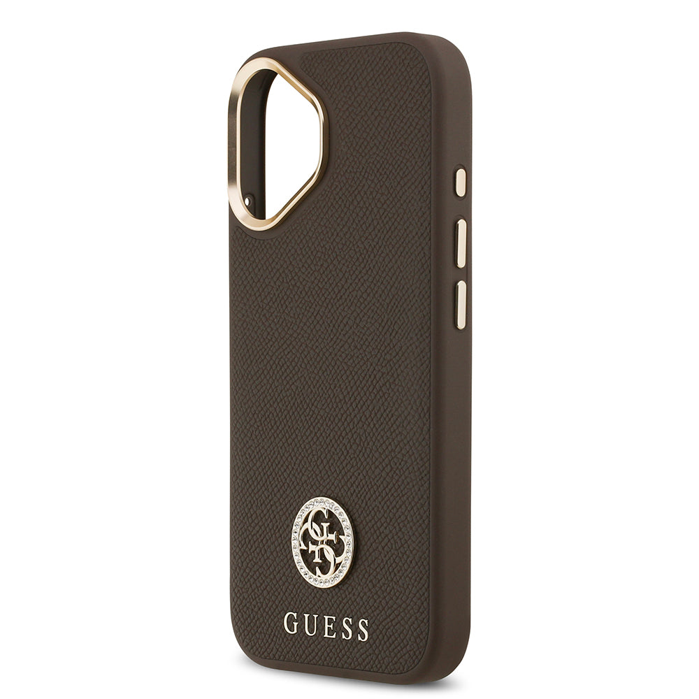 Apple iPhone 17 Kılıf Guess M-safe Özellikli Grained Yazı ve Taşlı 4G Logolu Kapak Kahverengi