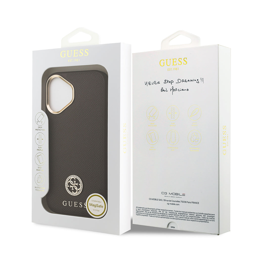 Apple iPhone 17 Kılıf Guess M-safe Özellikli Grained Yazı ve Taşlı 4G Logolu Kapak Kahverengi