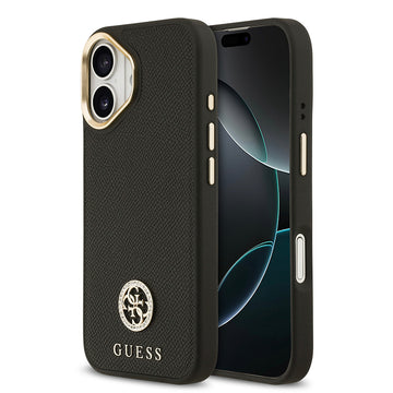 Apple iPhone 17 Kılıf Guess M-safe Özellikli Grained Yazı ve Taşlı 4G Logolu Kapak Siyah