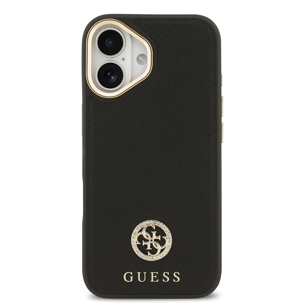 Apple iPhone 17 Kılıf Guess M-safe Özellikli Grained Yazı ve Taşlı 4G Logolu Kapak Siyah