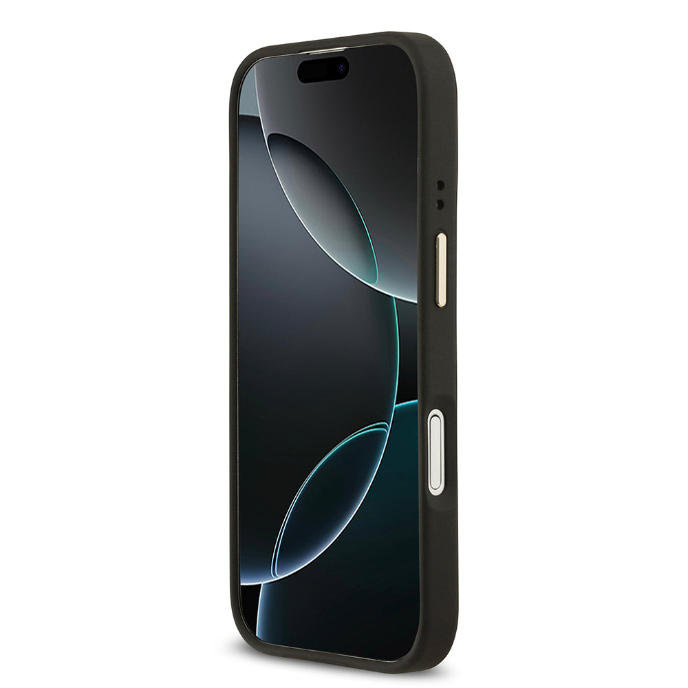 Apple iPhone 17 Kılıf Guess M-safe Özellikli Grained Yazı ve Taşlı 4G Logolu Kapak Siyah