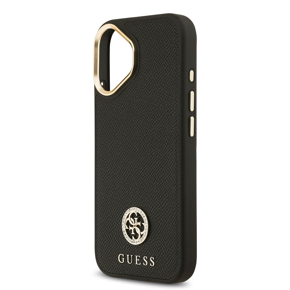 Apple iPhone 17 Kılıf Guess M-safe Özellikli Grained Yazı ve Taşlı 4G Logolu Kapak Siyah