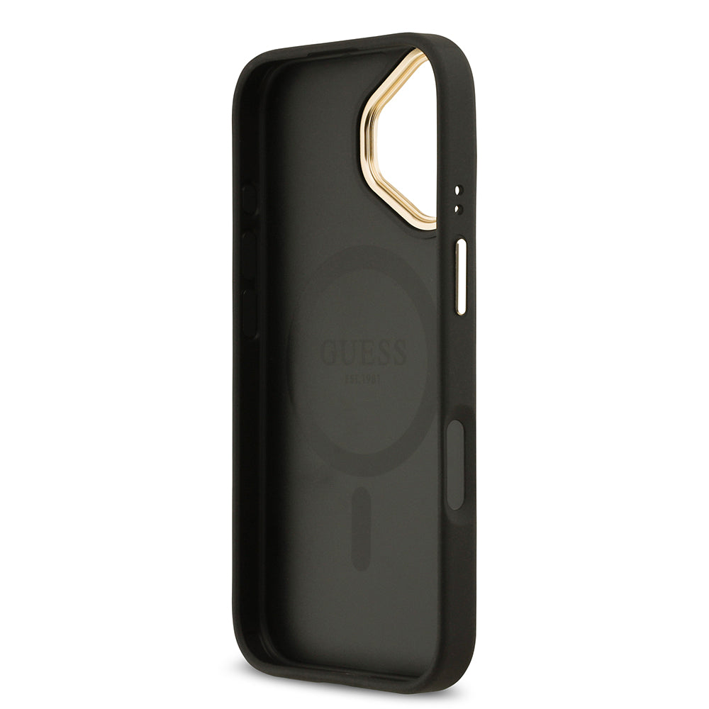 Apple iPhone 17 Kılıf Guess M-safe Özellikli Grained Yazı ve Taşlı 4G Logolu Kapak Siyah