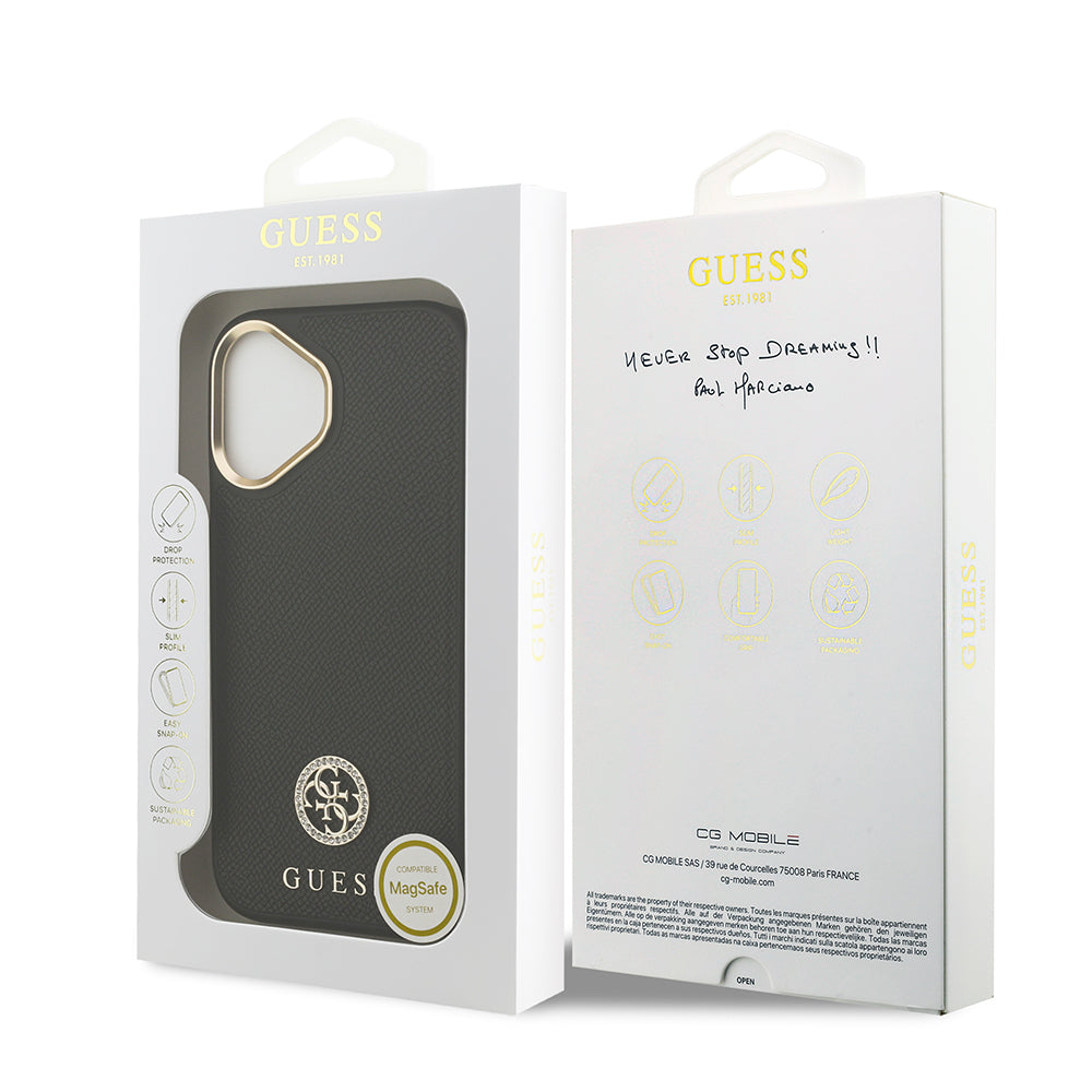 Apple iPhone 17 Kılıf Guess M-safe Özellikli Grained Yazı ve Taşlı 4G Logolu Kapak Siyah