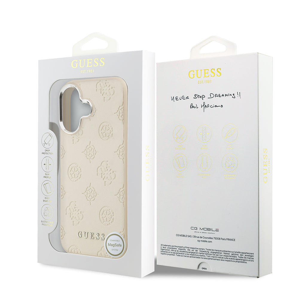 Apple iPhone 17 Kılıf Guess M-safe Özellikli Sıcak Baskılı Klasik Logolu PU Peony Kapak Bej
