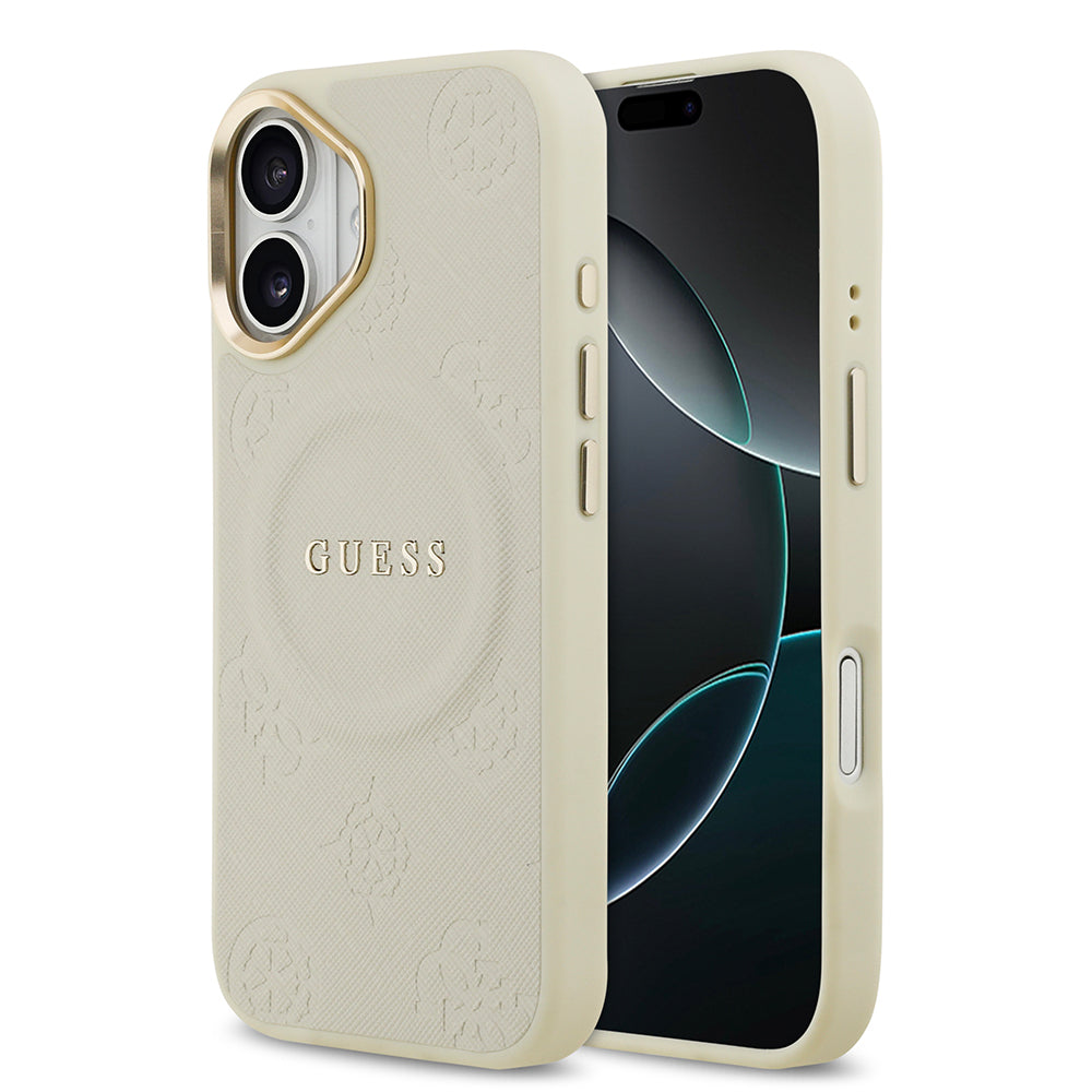 Apple iPhone 17 Kılıf Guess M-safe Özellikli Yazı Logolu PU Deri Peony Kapak Bej