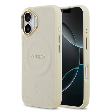 Apple iPhone 17 Kılıf Guess M-safe Özellikli Yazı Logolu PU Deri Peony Kapak Bej